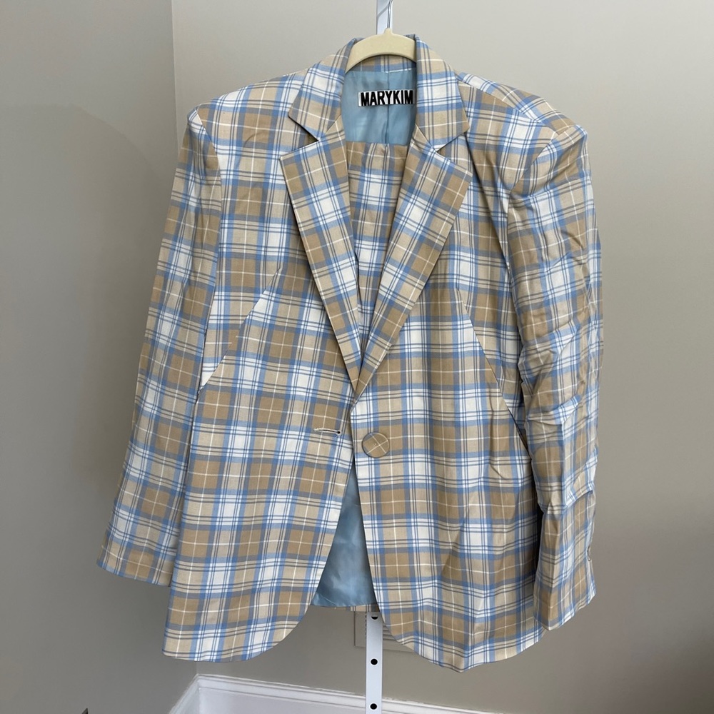 MARY KIM CHECKERED BLAZER AND SHORT SET